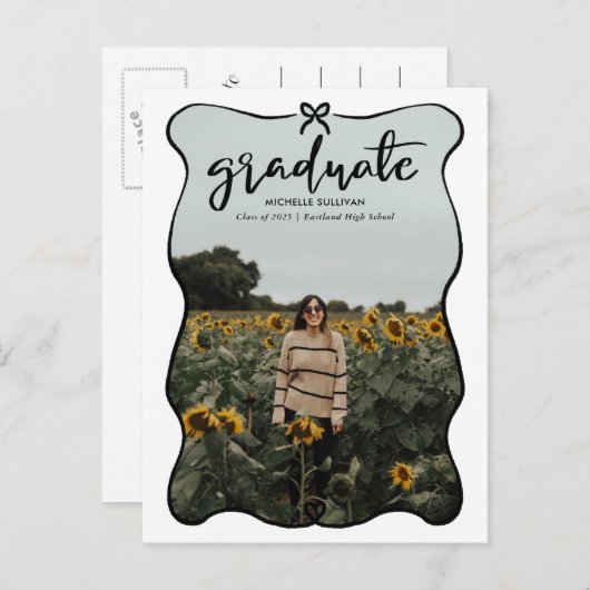 大学院スクリプトかわいい弓ハート枠 | フォト 案内ポストカード (正面/裏面)