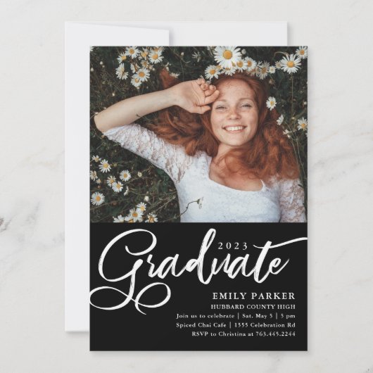 大学院スクリプト白黒卒業パーティーの写真 招待状 (正面)