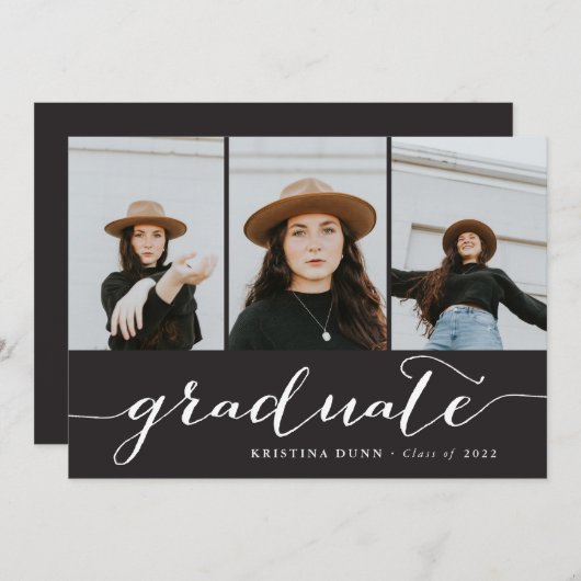 大学院スクリプト黒写真コラージュ | 卒業 招待状 (正面/裏面)