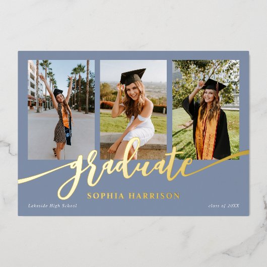 大学院スクリプト3写真ほこりっぽい青の卒業 箔招待状 (正面)