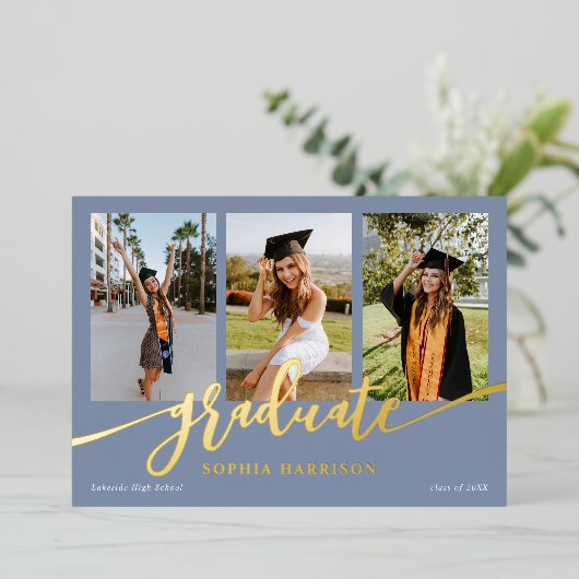 大学院スクリプト3写真ほこりっぽい青の卒業 箔招待状 (立ち正面)