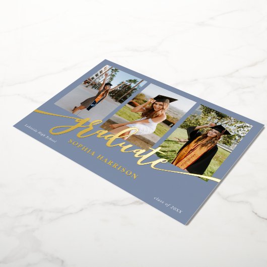 大学院スクリプト3写真ほこりっぽい青の卒業 箔招待状 (回転した状態)