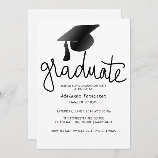 大学院タイポグラフィシンプルブラック卒業帽 招待状 (正面/裏面)