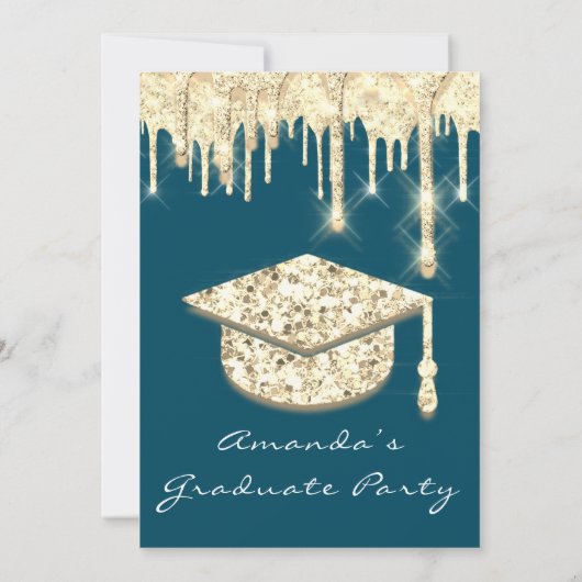 大学院ドリップス金ゴールドキャップグリッターグラムティール(緑がかった色)3D 招待状 (裏面)