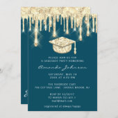 大学院ドリップス金ゴールドキャップグリッターグラムティール(緑がかった色)3D 招待状 (正面/裏面)