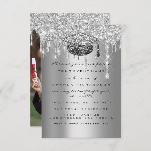 大学院パーティーグリッターシルバーグレードリップ金ゴールド写真 招待状 (正面/裏面)