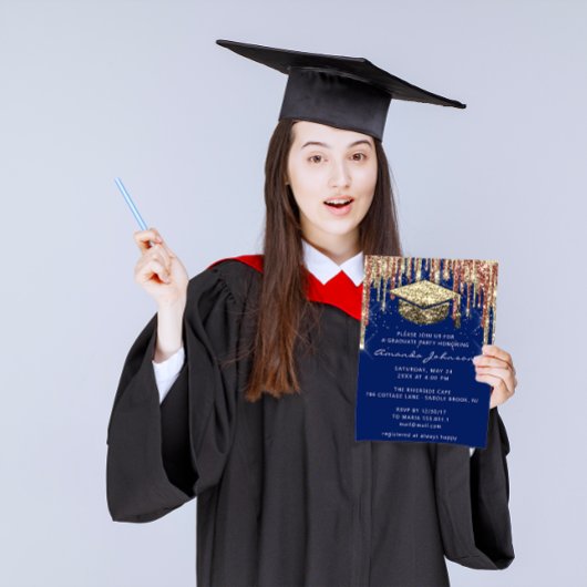 大学院パーティードリップグリッターブルー金ゴールド紙吹雪 招待状