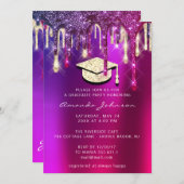 大学院パーティー金ゴールドキャップグリッターホログラフPINK 3D 招待状 (正面/裏面)