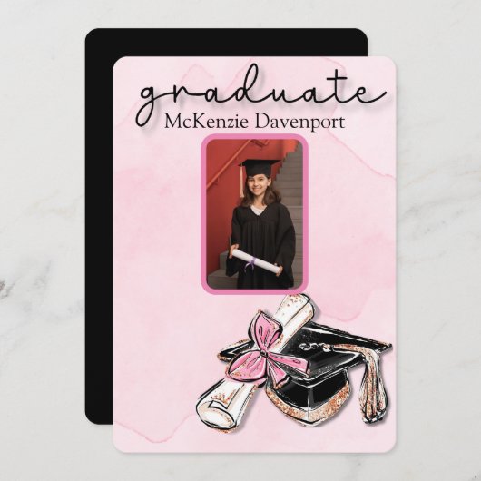 大学院ピンク金ゴールドグリッターキャップ卒業証書Add Photo 招待状 (正面/裏面)