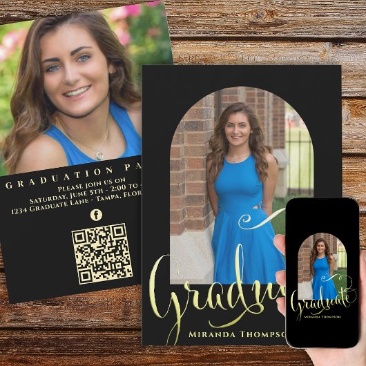 大学院フォトカリグラフィスクリプトブラック金ゴールドアーチ 招待状