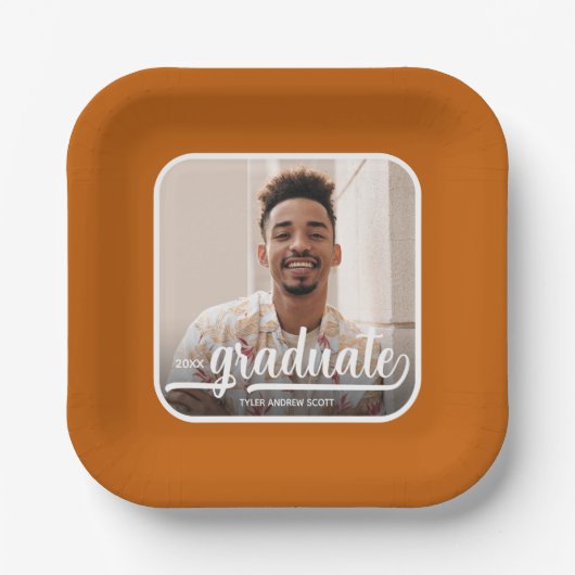 大学院フォトスクリプトはっきりした燃えたオレンジの卒業 ペーパープレート (正面)