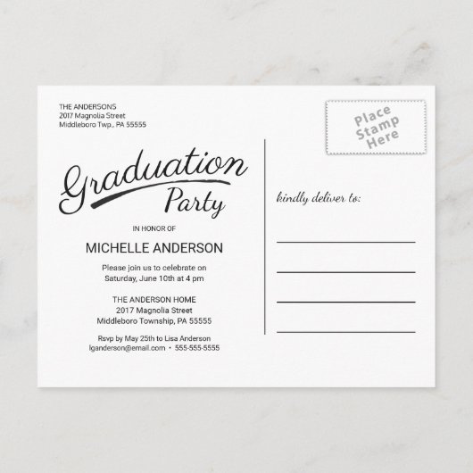 大学院フルフォトブラシスクリプト両面パーティー インビテーションポストカード (裏面)