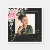 大学院ホットピンクフローラグラードパーティーフォトブラック スタンダードカクテルナプキン (正面)