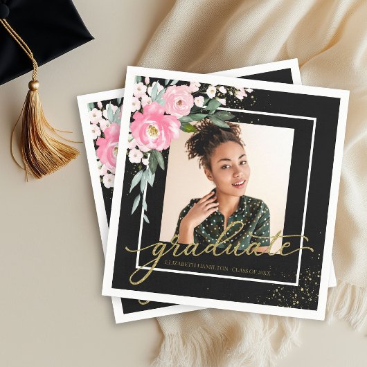 大学院ホットピンクフローラグラードパーティーフォトブラック スタンダードカクテルナプキン