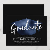 大学院メタリックネイビーブルーキャップブラック卒業 案内状 (正面/裏面)