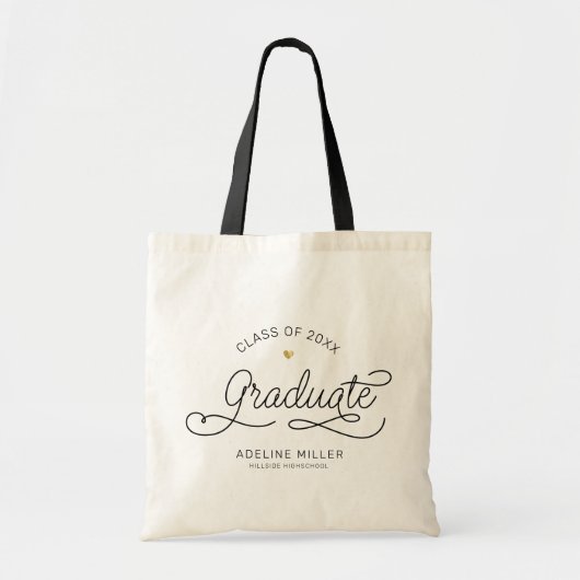 大学院モダンスクリプト金ゴールドハート卒業名 トートバッグ (正面)