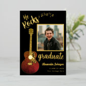 大学院モダンフォトギター音楽ブラックと金ゴールド 箔招待状 (立ち正面)