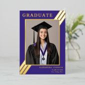 大学院モダン写真青と金ゴールド 箔招待状 (立ち正面)