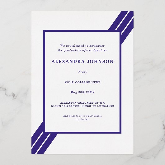 大学院モダン写真青と金ゴールド 箔招待状 (裏面)