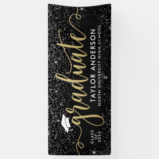 大学院モダン金ゴールド台本ブラック卒業パーティー 横断幕 (縦)