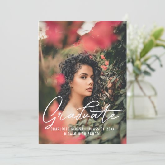 大学院写真テンプレートパーソナライズされたピンク 招待状 (スタンド正面)