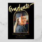 大学院写真卒業のお知らせブラック金ゴールド 箔招待状 (正面)