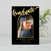 大学院写真卒業のお知らせブラック金ゴールド 箔招待状 (立ち正面)