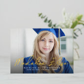 大学院名の署名スクリプト写真の卒業 箔招待状 (立ち正面)