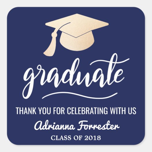 大学院手書き|帽子|ありがとうネイビーブルー スクエアシール (正面)
