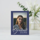 大学院招待状モダン編集可能フォトブルー インビテーションポストカード (スタンド正面)