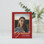 大学院招待状モダン編集可能フォトルビーレッド インビテーションポストカード (スタンド正面)