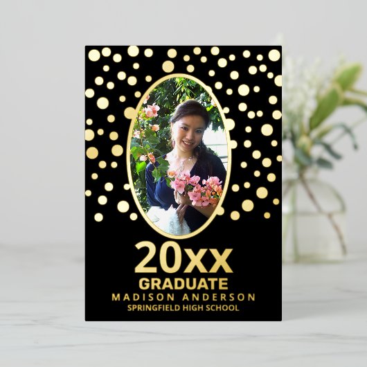 大学院水玉模様楕円形フォトブラックと金ゴールド 箔招待状 (立ち正面)