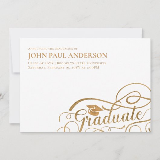 大学院生スクリプト卒業グラッドキャップホワイト金ゴールド 案内状 (正面)
