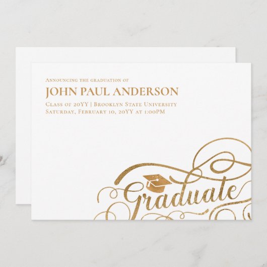 大学院生スクリプト卒業グラッドキャップホワイト金ゴールド 案内状 (正面/裏面)