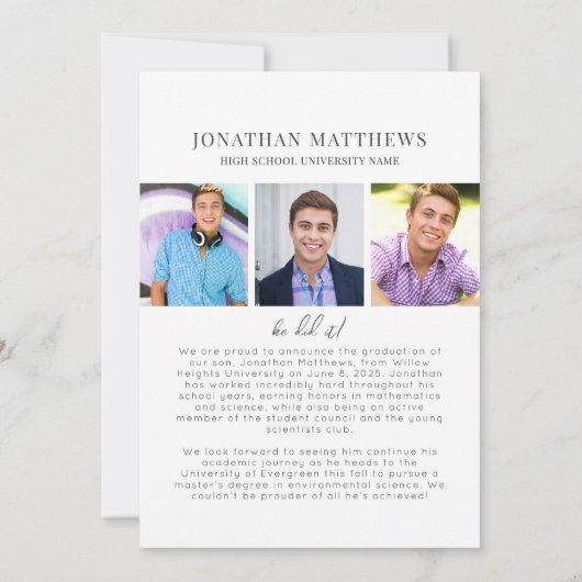 大学院白黒男性写真卒業 案内状 (裏面)