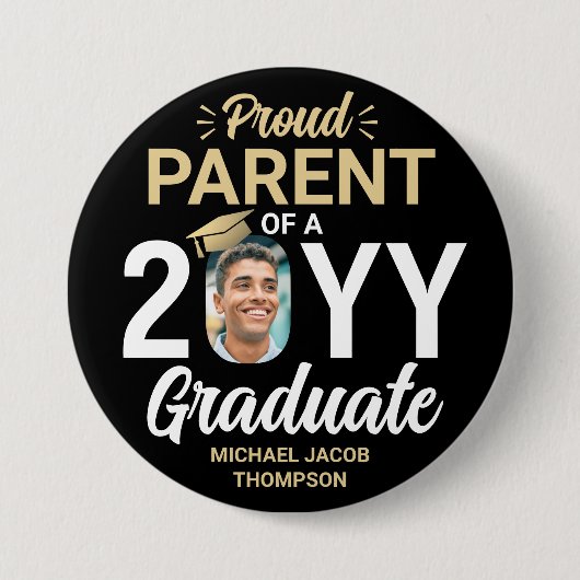 大学院誇りを持った写真親エレガントブラックと金ゴールド 缶バッジ (正面)