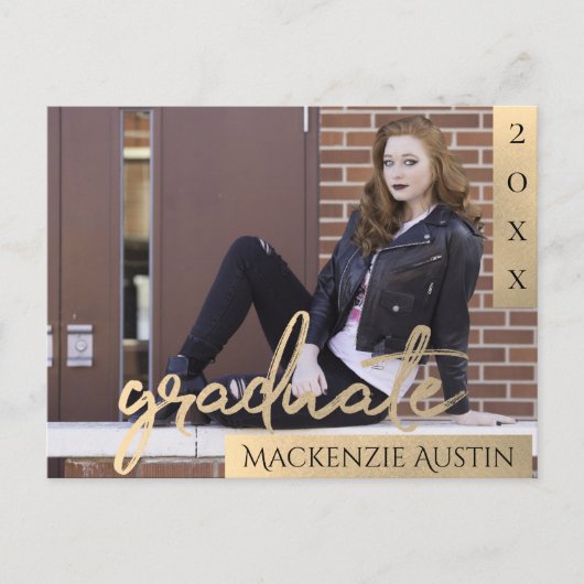 大学院金ゴールドスクリプト |卒業エレガント写真 インビテーションポストカード (正面)