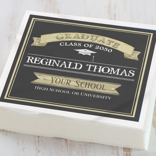 大学院金ゴールドブラックヴィンテージバナーMortarboard スタンダードカクテルナプキン