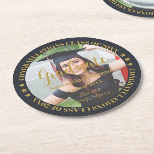 大学院金ゴールド写真丸紙コースター ラウンドペーパーコースター (アングル)