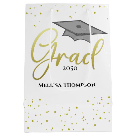 大学院金ゴールド卒業スクリプトキャップ ミディアムペーパーバッグ (裏面)