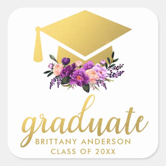 大学院金ゴールド紫の水彩フローラ スクエアシール (正面)