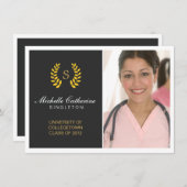 大学黒及び金ゴールドの卒業の発表 案内状 (正面/裏面)