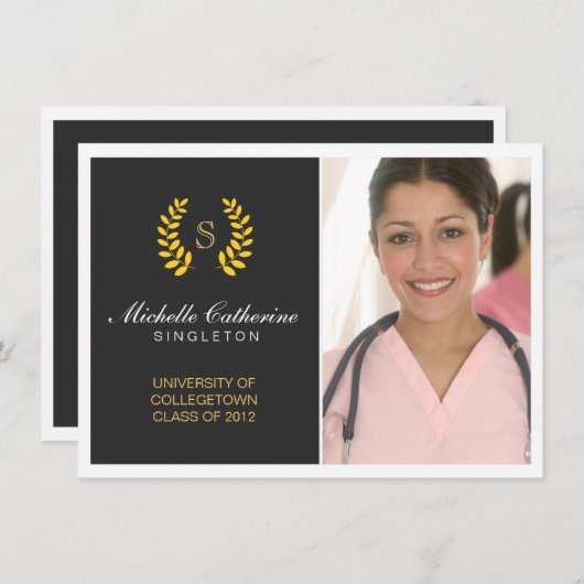 大学黒及び金ゴールドの卒業の発表 案内状 (正面/裏面)