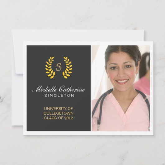 大学黒及び金ゴールドの卒業の発表 案内状 (正面)