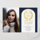 大学 |大学の写真DKブルー金ゴールド卒業 箔招待状 (正面)