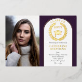 大学 |大学フォトパープル金ゴールド卒業 箔招待状 (正面)