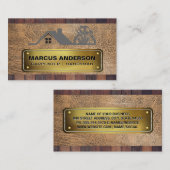 大工のロゴ | 金ゴールドリベットプレート | ウッドレザー 名刺 (正面/裏面)