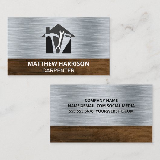 大工ツールアイコン | 金属と木材の背景 名刺 (正面/裏面)