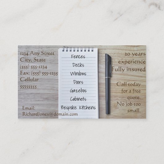 大工仕事、木製の働きおよび台所フィッター 名刺 (裏面)
