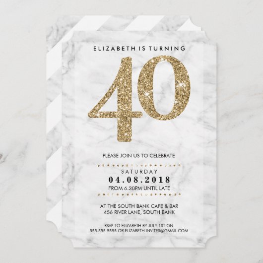 大年齢数大理石40モダン金ゴールドグリッター 招待状 (正面/裏面)